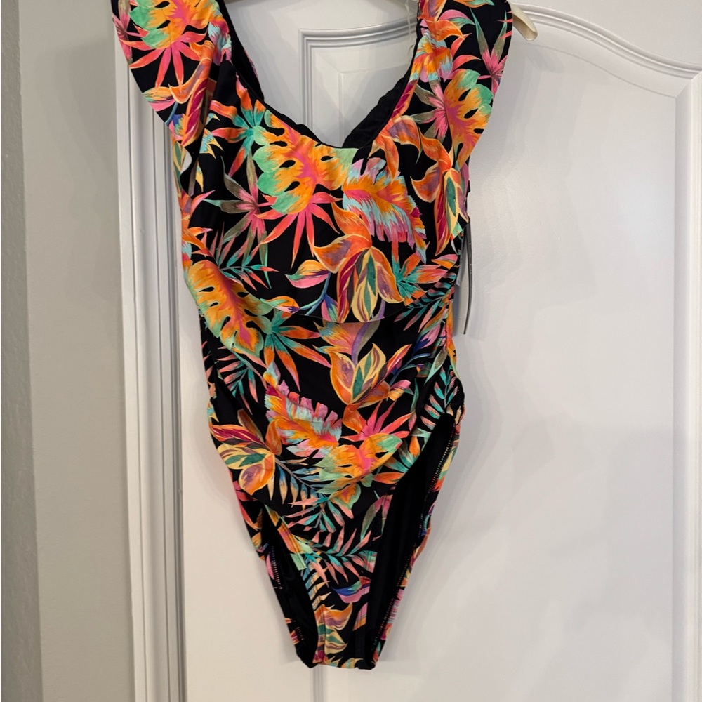 Orange and Pink One Piece Swimwear with Plunging Neckline NWT